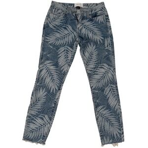 Current Elliott Palm Print Skinny Jeans Blue White Tropical Raw Hem Size 25